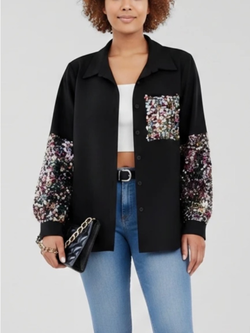 Black Button-Down Shirt with Multicolor Sequin Pocket & Sleeves